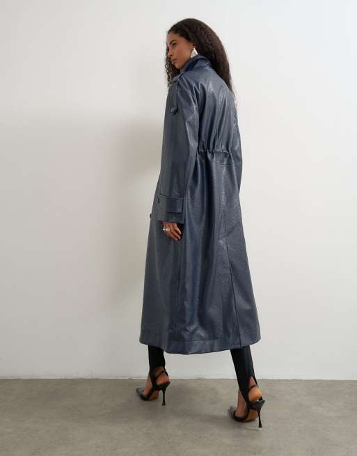 Topshop trenchcoat i läderimitation med lång modell och markerad midja i navy, 4 av 4