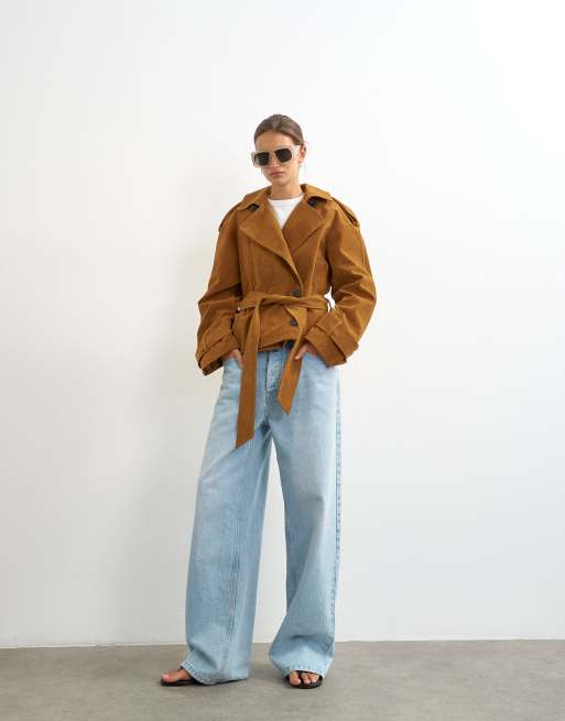 Topshop trenchcoat i mockaimitation med skärp i tan, 4 av 4