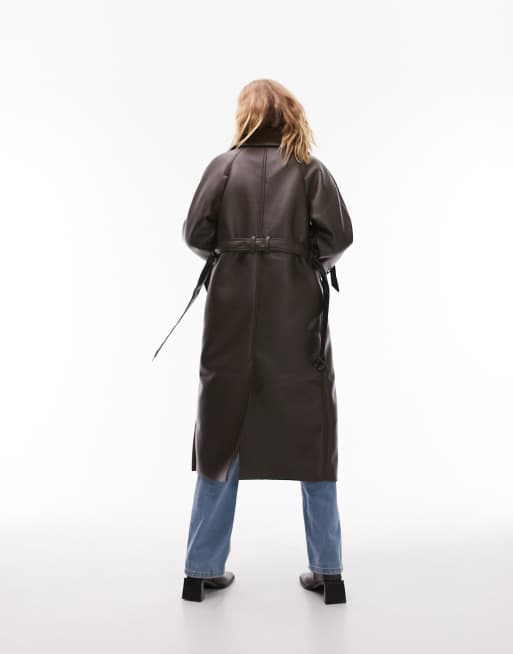 Topshop - Trenchcoat van imitatieleer met gebonden borg in chocoladebruin, 4 van 4