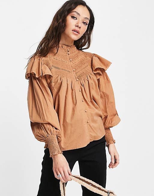 Tops Shirts & Blouses/Topshop trim detail frill top with buttons in camel 