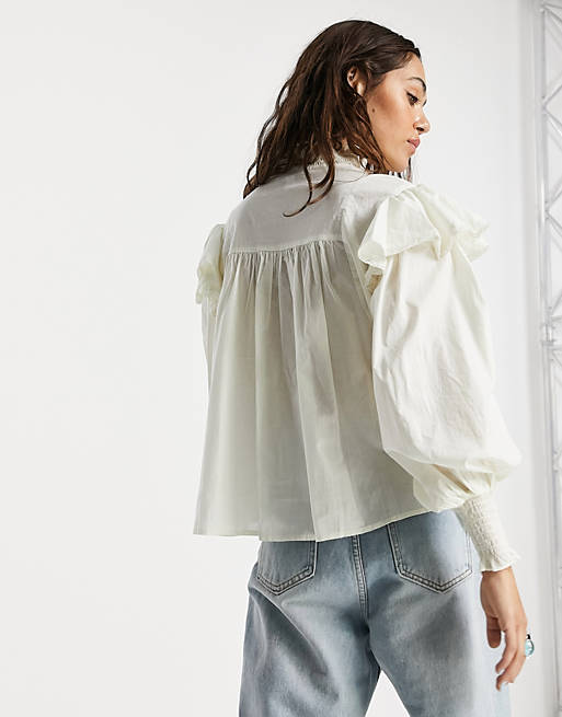 Tops Shirts & Blouses/Topshop trim detail frill top with buttons in ivory 