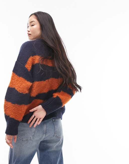 Topshop - Trøje i bouclé-strik med rustrøde/blå striber, 3 af 4