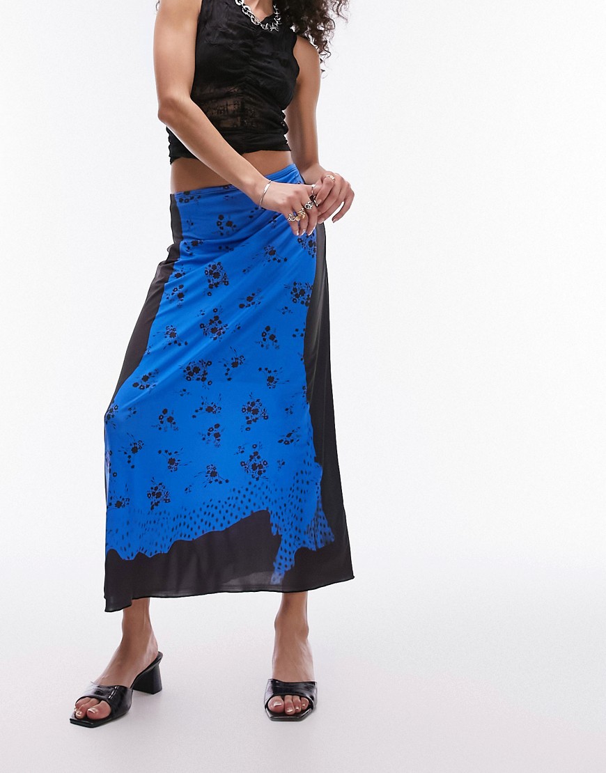 Topshop Trompe L'oeil Tube Jersey Maxi Skirt In Blue Floral-multi