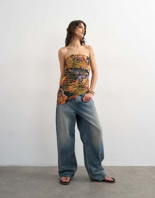 Topshop tropical print bandeau ruched side asymmetric hem in multi, 2 of 4