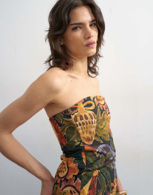 Topshop tropical print bandeau top with ruched side and asymmetric hem in multi, 3 of 4