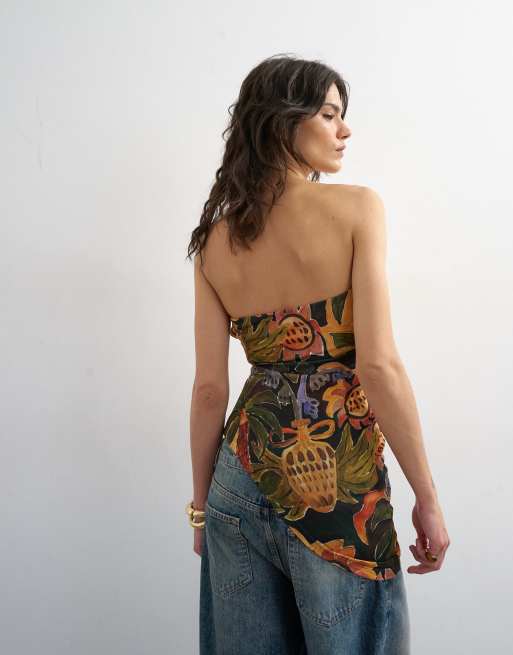 Topshop tropical print bandeau top with ruched side and asymmetric hem in multi, 4 of 4