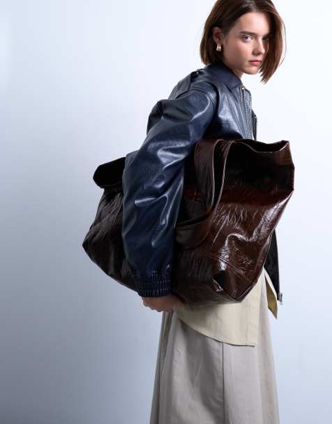 Topshop - Troy - Borsa shopping color cioccolato stropicciata - view 1