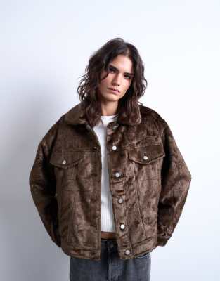 Topshop - Trucker-Jacke im Western-Stil aus Kunstpelz in Braun-Brown
