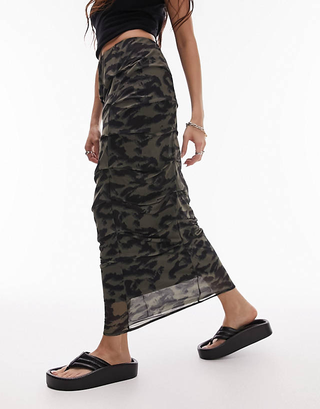 Topshop - tuck animal print midi skirt in khaki