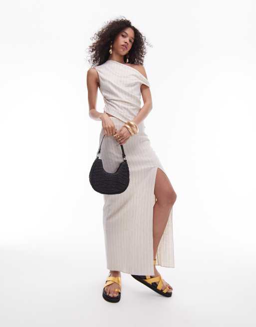 Topshop tuck column maxi skirt in natural pinstripe - part of a set