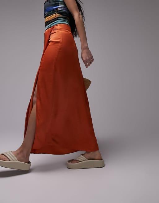 Topshop tuck detail satin skirt in deep orange