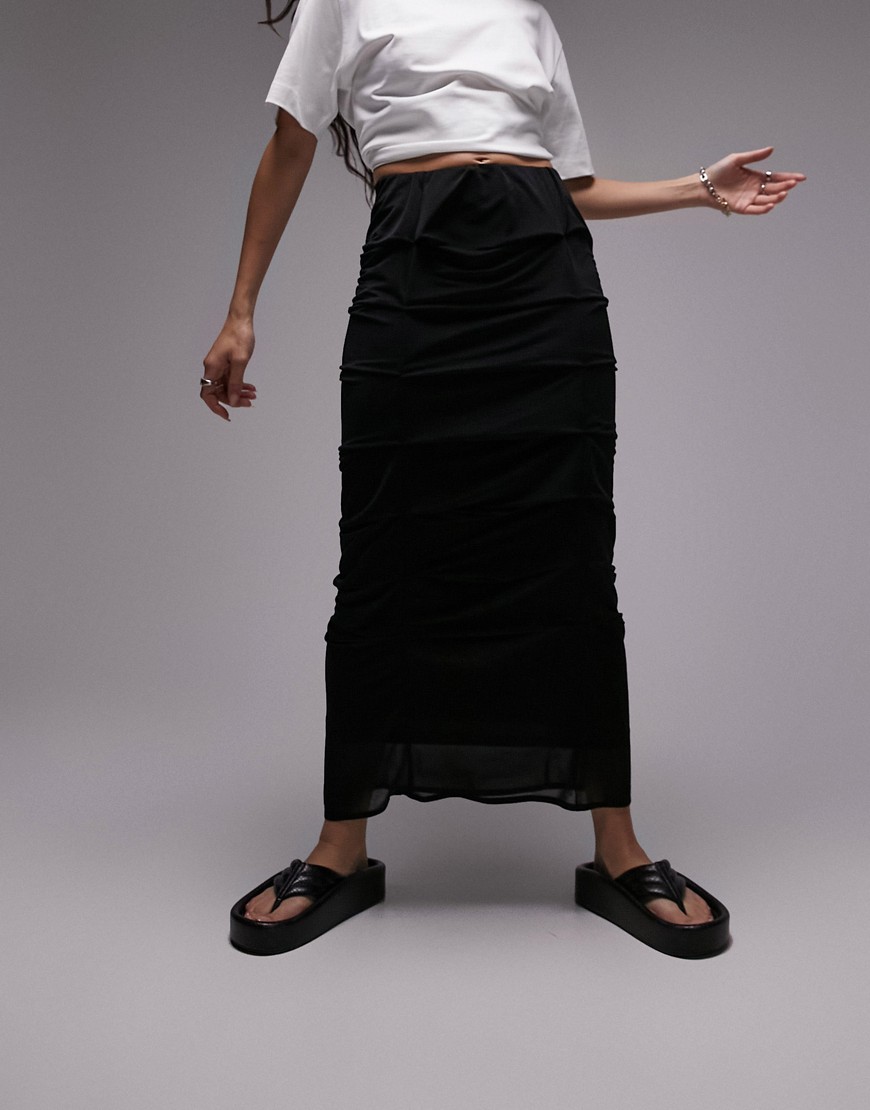 Topshop tuck midi skirt in black