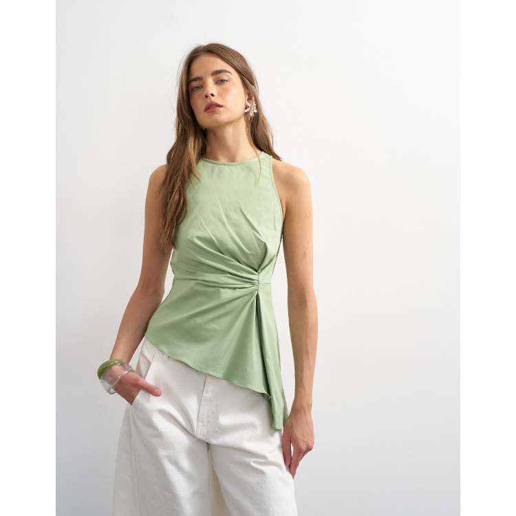 Topshop tuck side asymmetric hem top in sage | ASOS