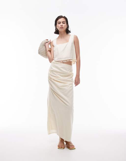 Topshop tuck side column midi skirt in buttermilk (part of a set)