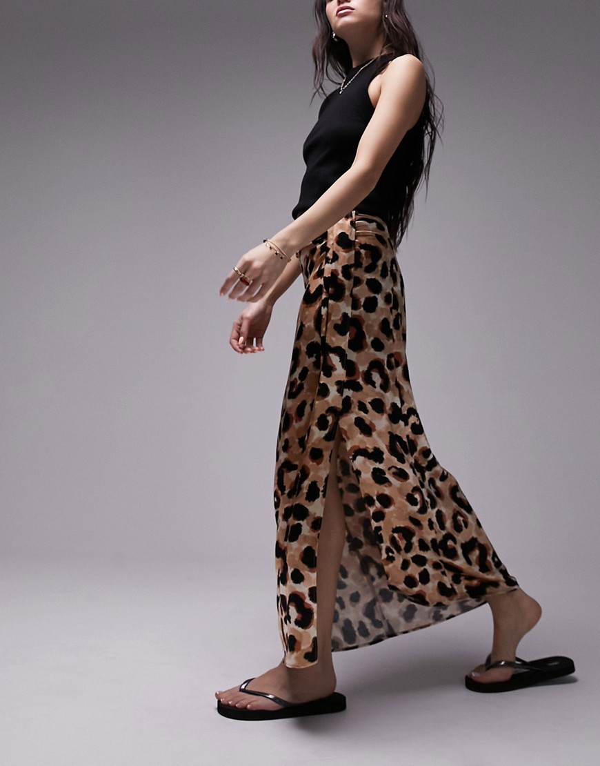 Topshop tuck split midi skirt in leopard print-Multi