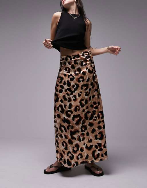 Topshop tuck split midi skirt in leopard print