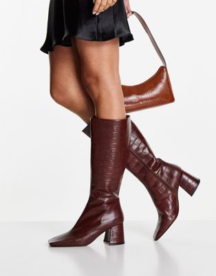 Topshop Tula leather mid knee high boot in brown