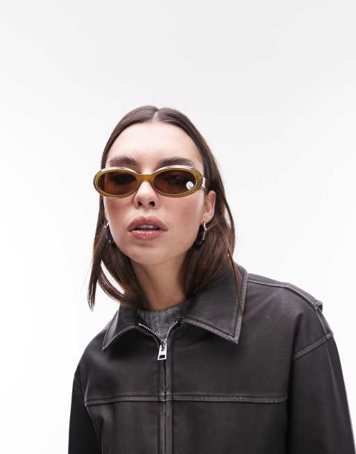 Topshop – Tulip – Abgerundete, ovale Sonnenbrille in Olivgrün