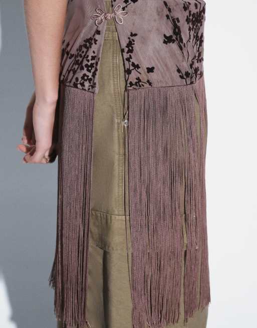 Topshop tunic devoure fringe detail top in mocha, 2 of 4