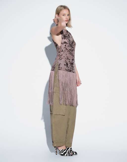 Topshop tunic devoure fringe detail top in mocha, 3 of 4
