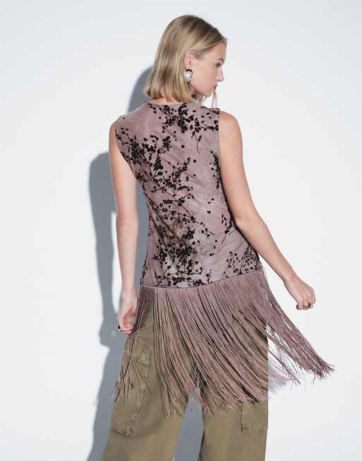 Topshop tunic devoure fringe detail top in mocha, 4 of 4