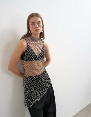 Topshop Tunic Dress With Heavy Embellishment In Silver