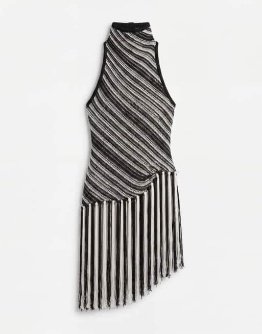 Topshop - Tunica lunga allacciata al collo in maglia nera e bianca a righe con frange, 5 di 7