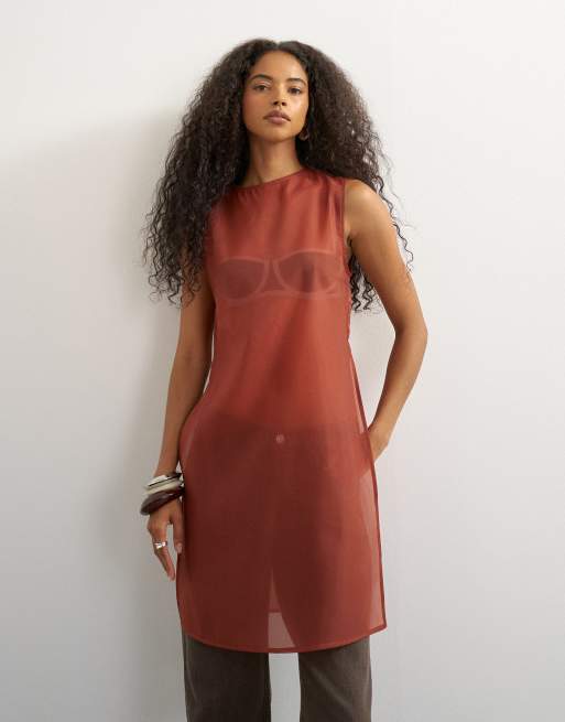 Topshop tunica lunga in organza trasparente color ruggine