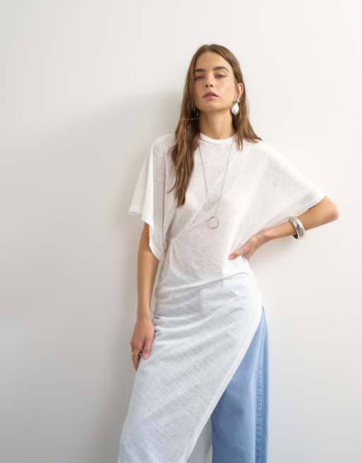 Topshop tunica lunga trasparente con spacco e girocollo bianca, 2 di 4