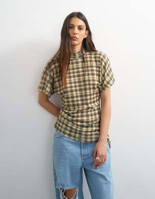 Topshop - Tunika-Oberteil aus Netzstoff mit Karomuster und Stehkragen-Brown