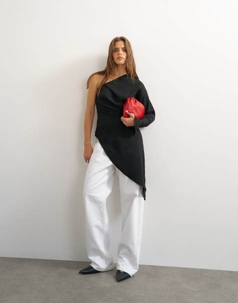 Topshop tunique asymétrique drapée à une épaule et manches longues noire - view 1