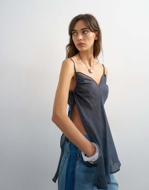 Topshop - Tunique froncée à emmanchures nouées sur les côtés - Bleu marine, 3 de 4