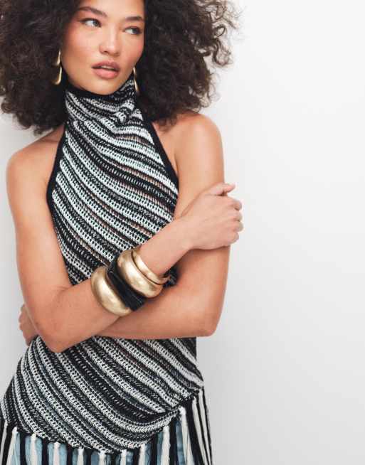 Topshop - Tunique longue à dos nu en maille rayée avec franges - Noir et blanc, 3 de 7