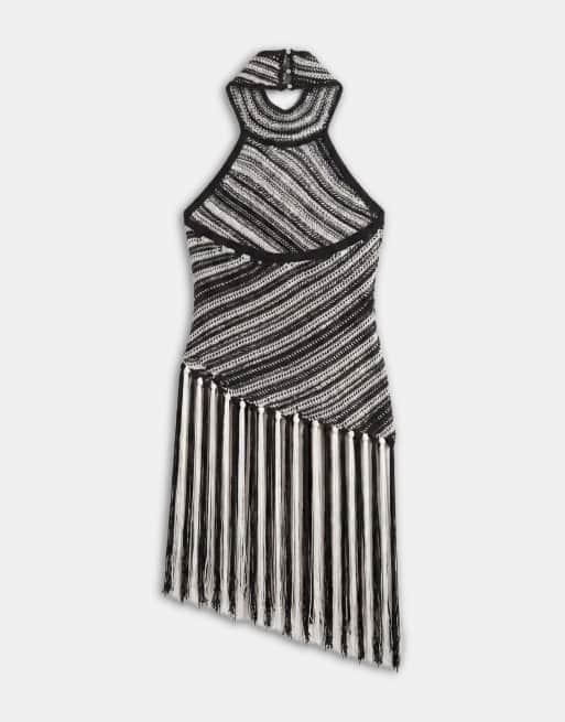 Topshop - Tunique longue à dos nu en maille rayée avec franges - Noir et blanc, 6 de 7