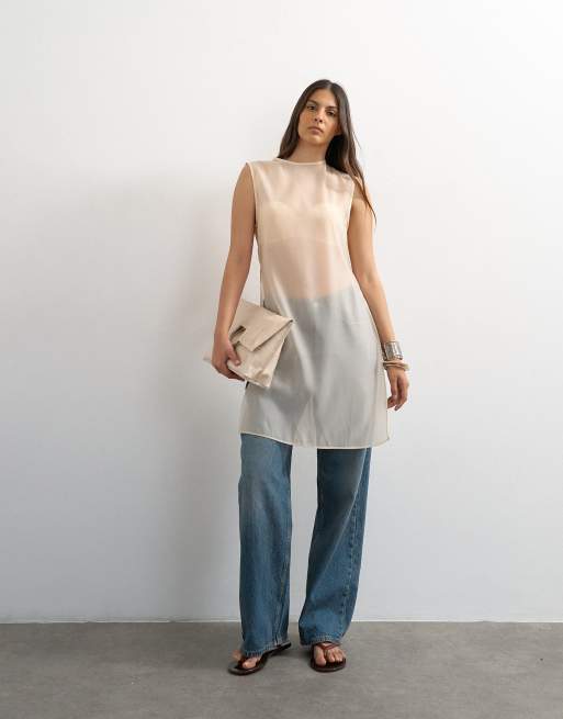 Topshop - Tunique longue en organza transparent - Nacré, 2 de 4