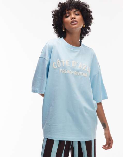 Topshop – Turkos t-shirt i jersey och oversize med Cote d'Azur-tryck - view 1