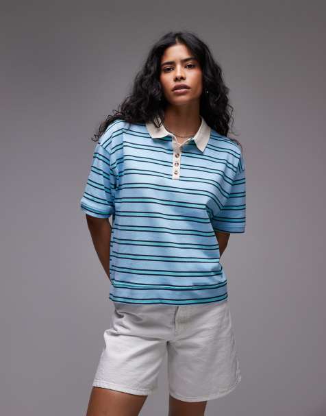 Topshop stripe boxy polo in turquoise
