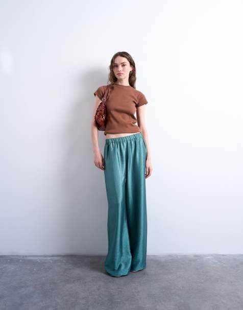 Topshop textured satin low rise straight leg trouser in turquoise