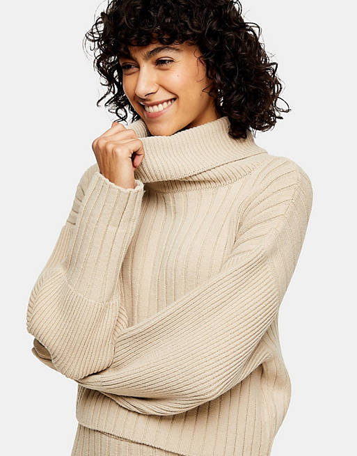 Topshop turn back ribbed crop sweater in neutral
