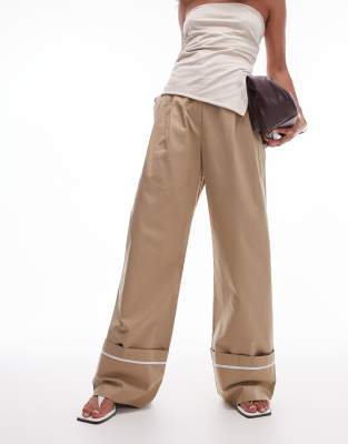 Topshop Turn Up Detail Hem Pants In Sand-neutral