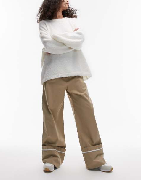 Topshop turn up detail hem trouser in sand - view 1