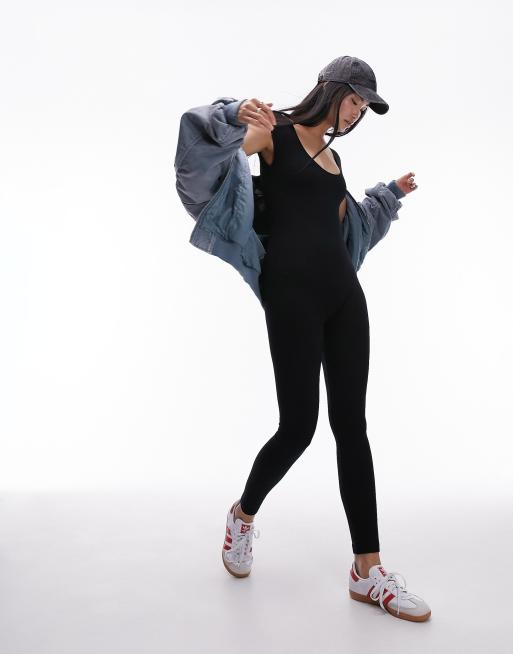 Topshop - Tuta aderente nera senza cuciture con maniche ad aletta