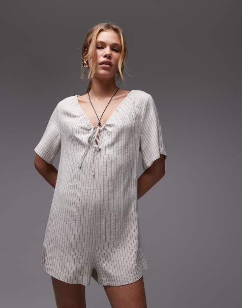 Topshop - Tuta corta a righe neutre allacciata sul davanti - view 1