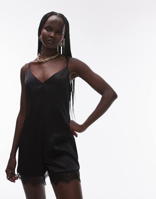 Topshop - Tuta corta con spalline sottili in pizzo nera