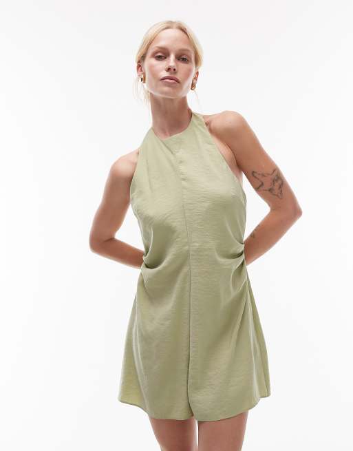 Topshop - Tuta corta in cupro color oliva allacciata al collo