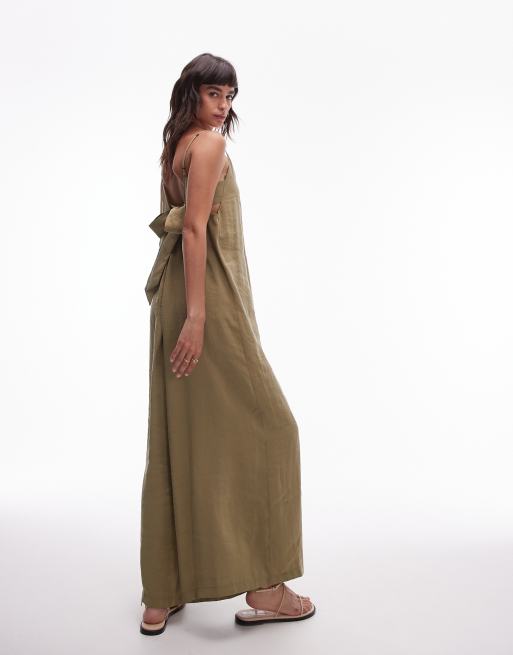 Topshop - Tuta jumpsuit a fondo ampio con spalline sottili e allacciatura sul retro kaki, 2 di 4