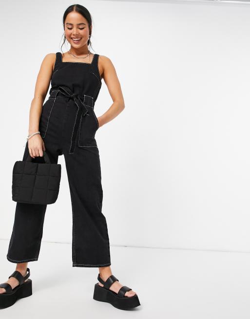 Topshop - Tuta jumpsuit con scollo quadrato in denim nera - BLACK