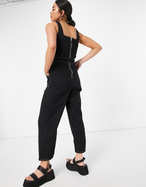 Topshop - Tuta jumpsuit con scollo quadrato in denim nera - BLACK, 2 di 4