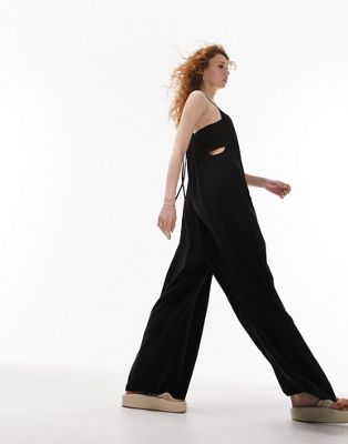 Topshop linen jumpsuit with pockets in black - ASOS Price Checker