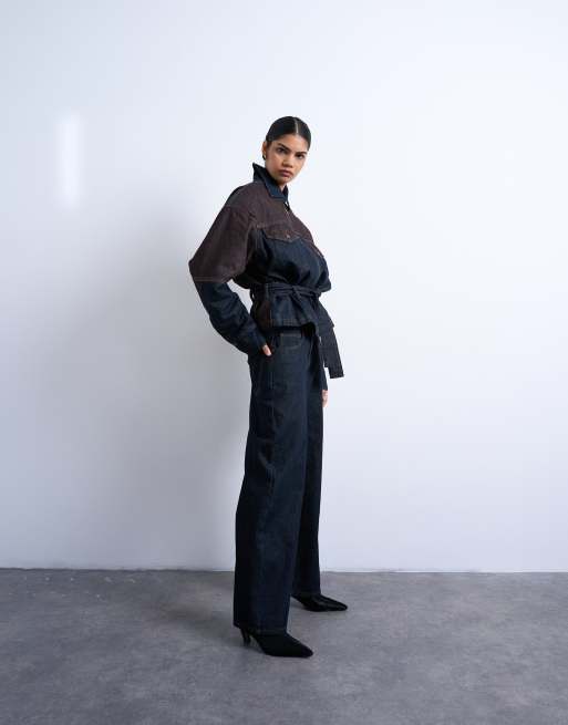 Topshop - Tweekleurige losvallende jeans met hoge taille in bruin en zwart